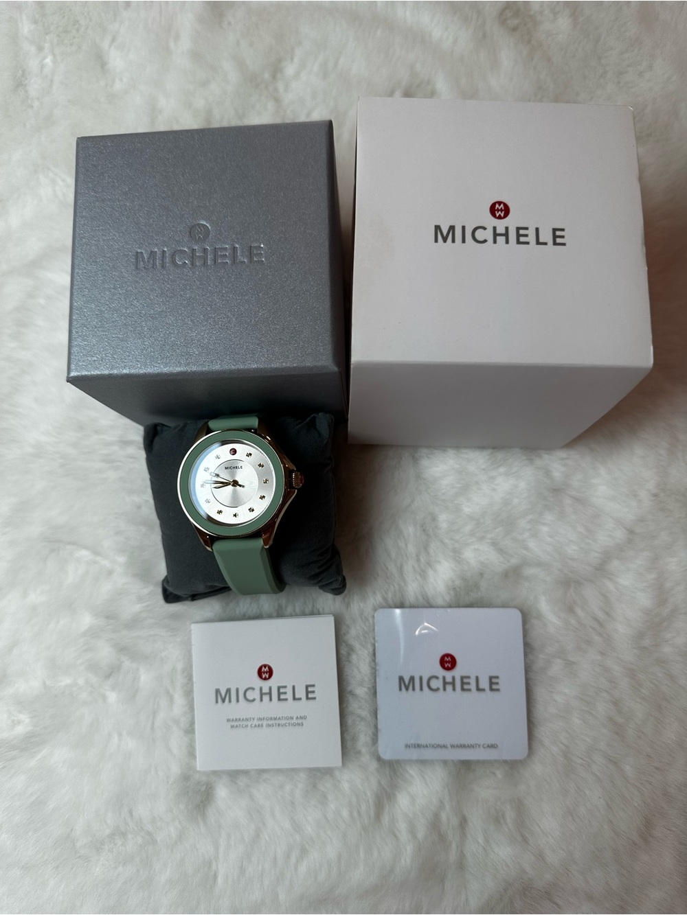Michele Mint Green Silicone Strap Watch with  Gold-Tone Case